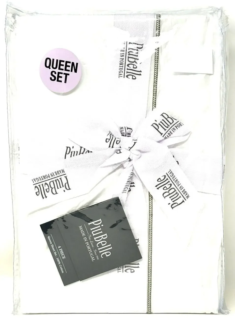 Piu Belle White Queen Sheet Set 100% Cotton Olive Green Hemstitch Border Trim